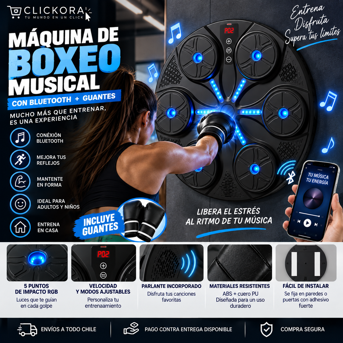 🥊 MÁQUINA DE BOXEO MUSICAL CON BLUETOOTH + GUANTES