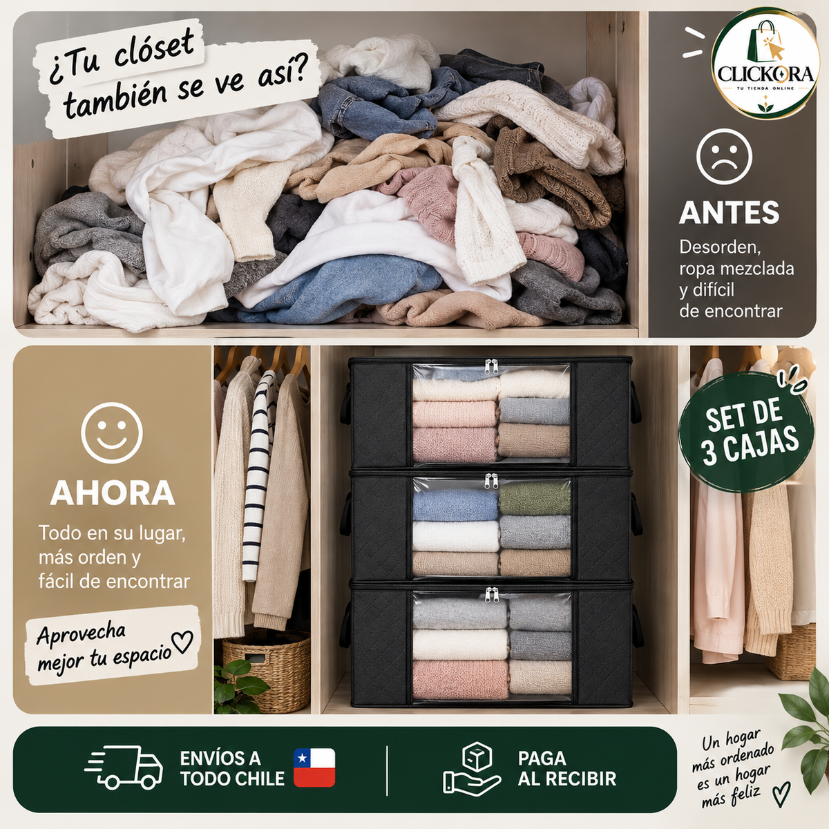 ✨ OrdenBox™ – Set 3 Cajas Organizadoras Plegables con Visor